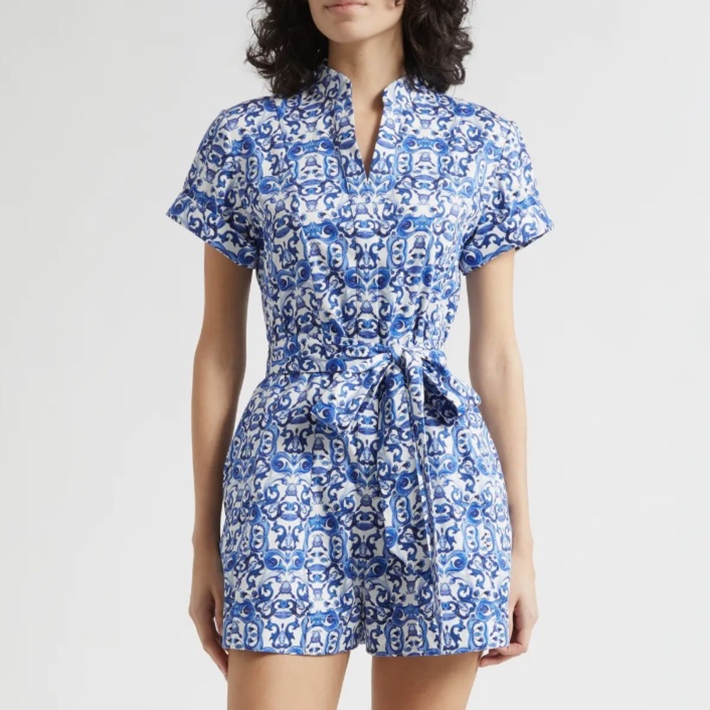 Alice & Olivia Lucy Baroque Print Belted Stretch Cotton Romper, SIZE 4
